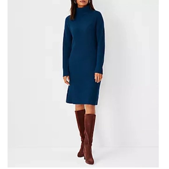 NWT-XS Ann Taylor Ribbed Cashmere Turtleneck Dress In Teal Night - Main Image